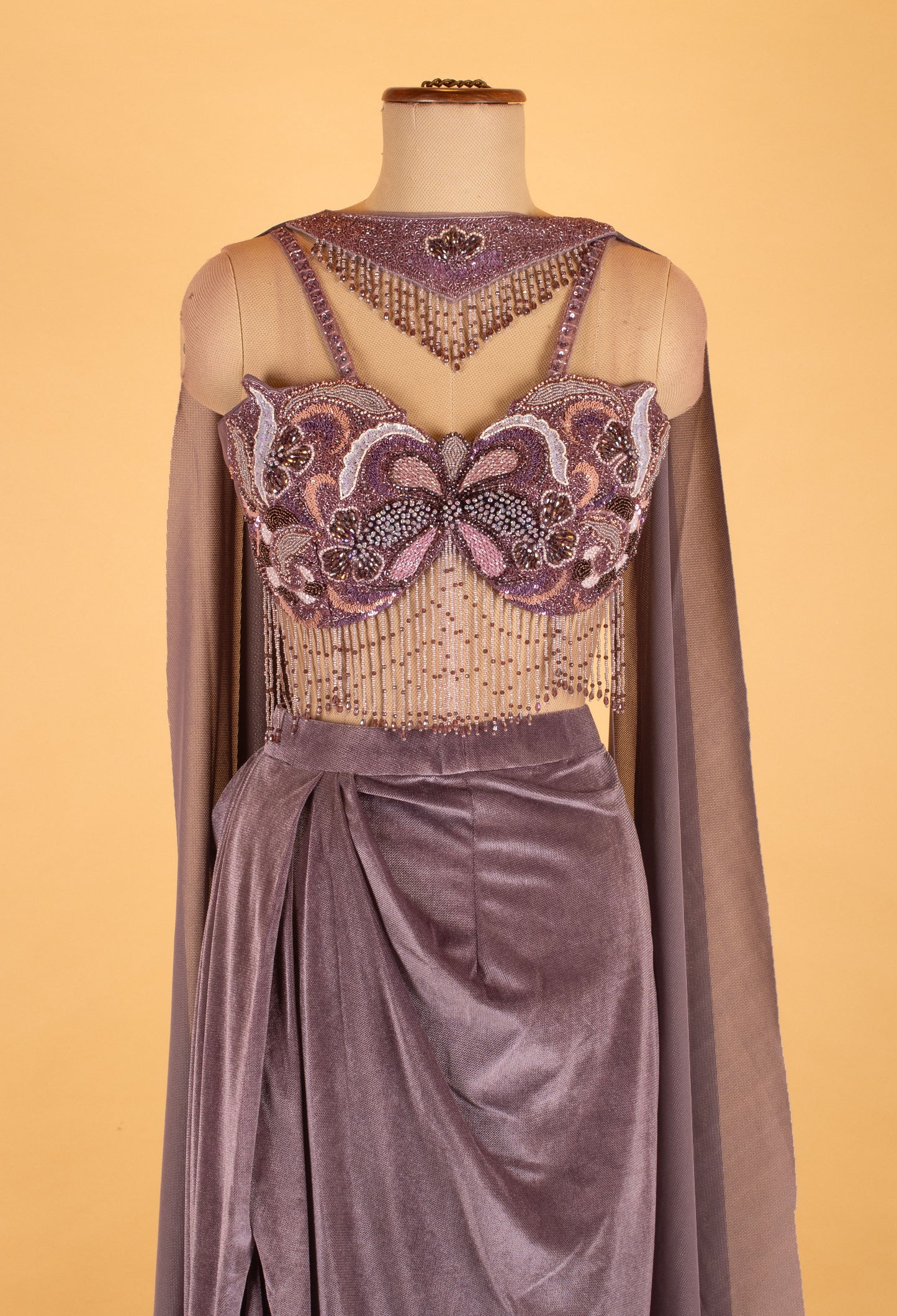 Women’s Mauve Embellished Crop Top with Draped Skirt & Sheer Cape
