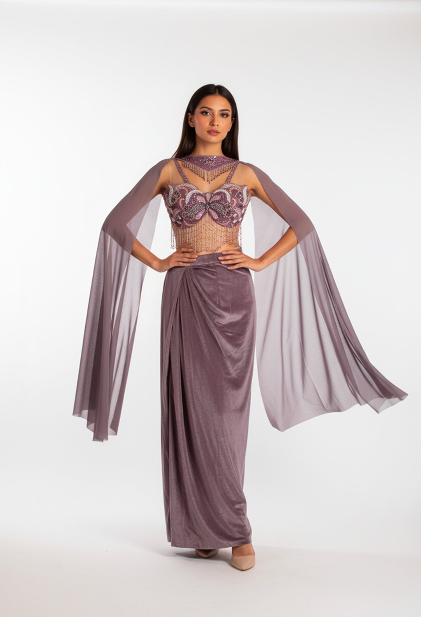 Women’s Mauve Embellished Crop Top with Draped Skirt & Sheer Cape