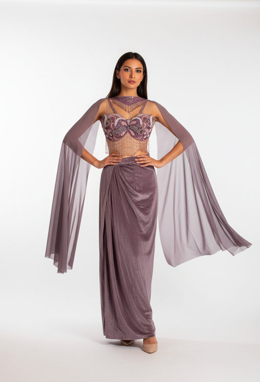 Women’s Mauve Embellished Crop Top with Draped Skirt & Sheer Cape