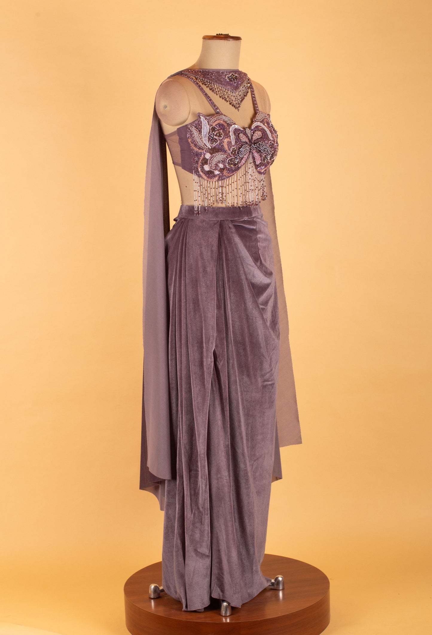 Women’s Mauve Embellished Crop Top with Draped Skirt & Sheer Cape