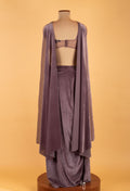 Women’s Mauve Embellished Crop Top with Draped Skirt & Sheer Cape