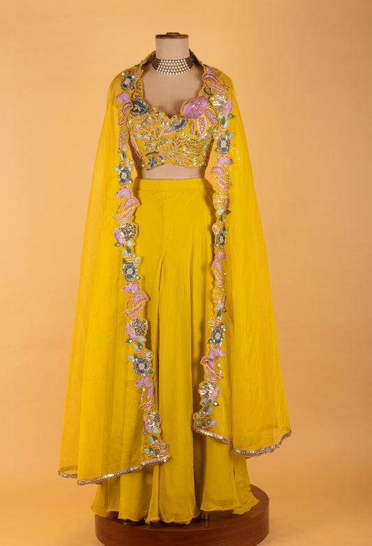 Mustard yellow embroidered crop top sharara set with net dupatta – product image 2