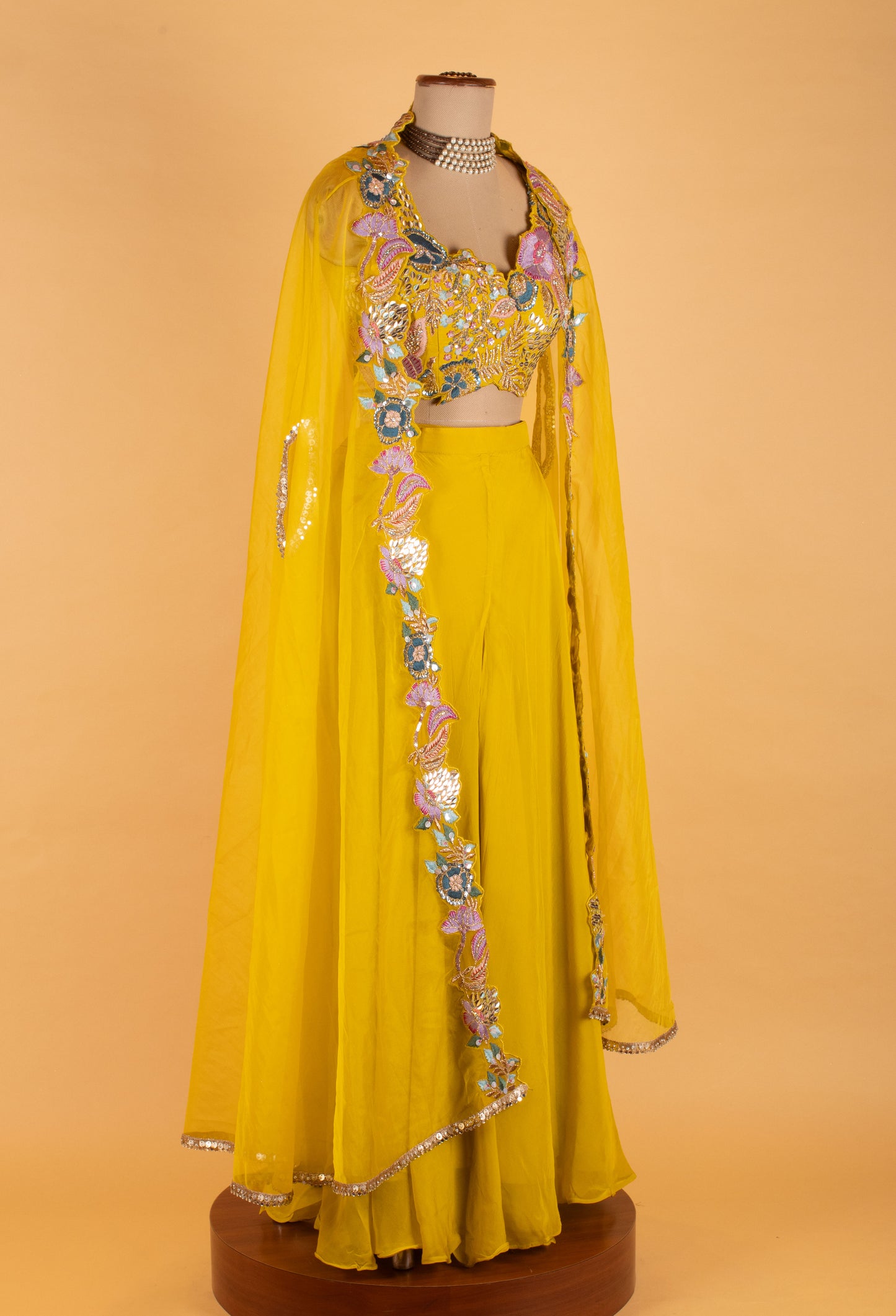 Mustard Yellow Embroidered Crop Top Sharara Set with Net Dupatta