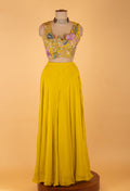 Mustard Yellow Embroidered Crop Top Sharara Set with Net Dupatta