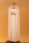Ivory Embellished Crop Top Set with Sheer Cape & Flared Palazzo