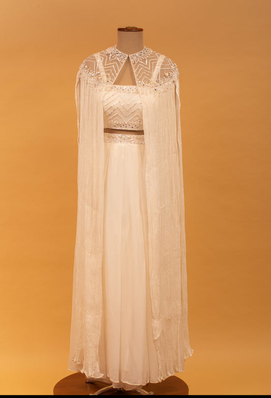 Ivory embellished crop top set with sheer cape and flared palazzo – product image 2