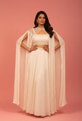 Ivory Embellished Crop Top Set with Sheer Cape & Flared Palazzo