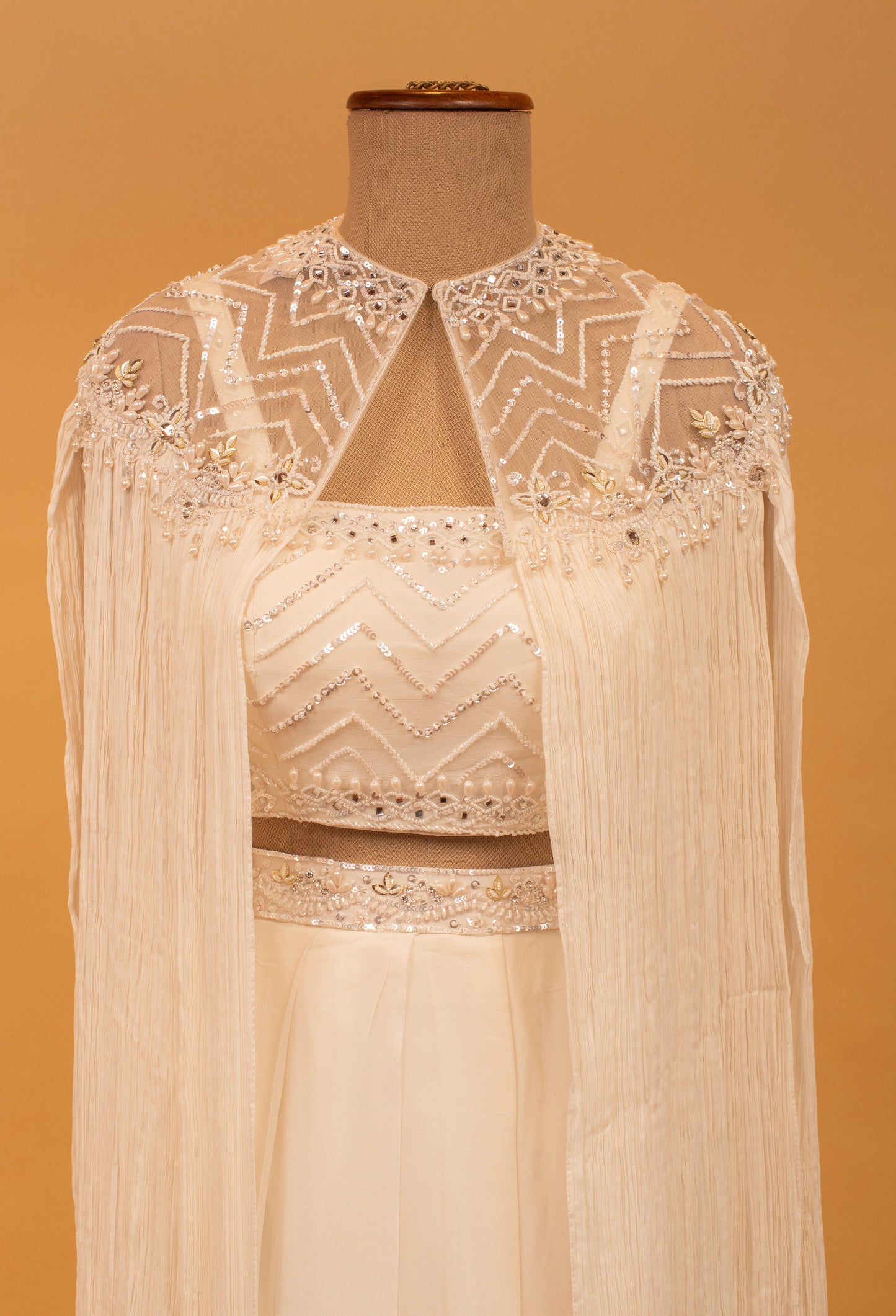 Ivory Embellished Crop Top Set with Sheer Cape & Flared Palazzo