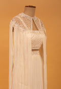 Ivory Embellished Crop Top Set with Sheer Cape & Flared Palazzo