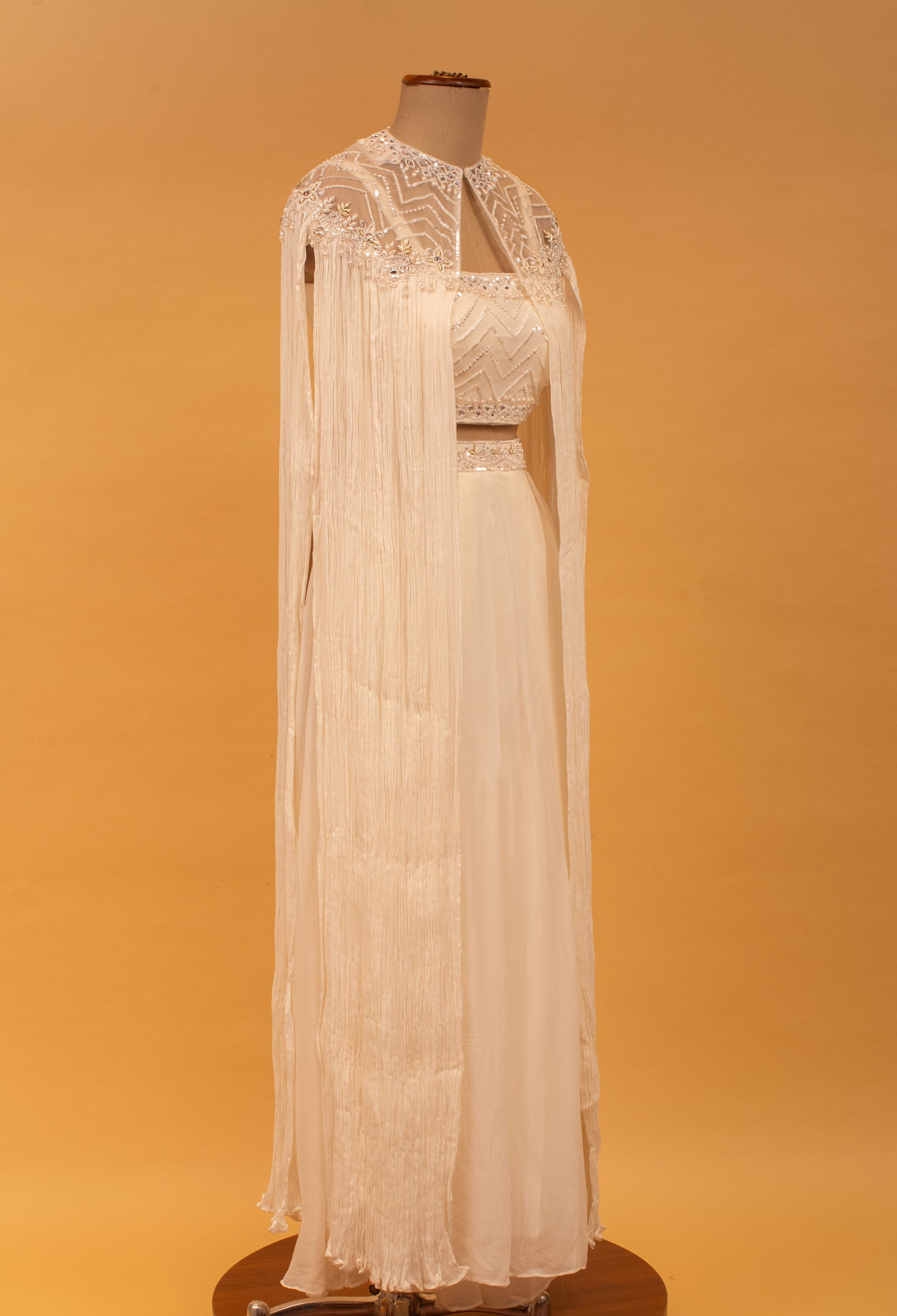 Ivory Embellished Crop Top Set with Sheer Cape & Flared Palazzo