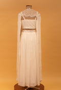 Ivory Embellished Crop Top Set with Sheer Cape & Flared Palazzo