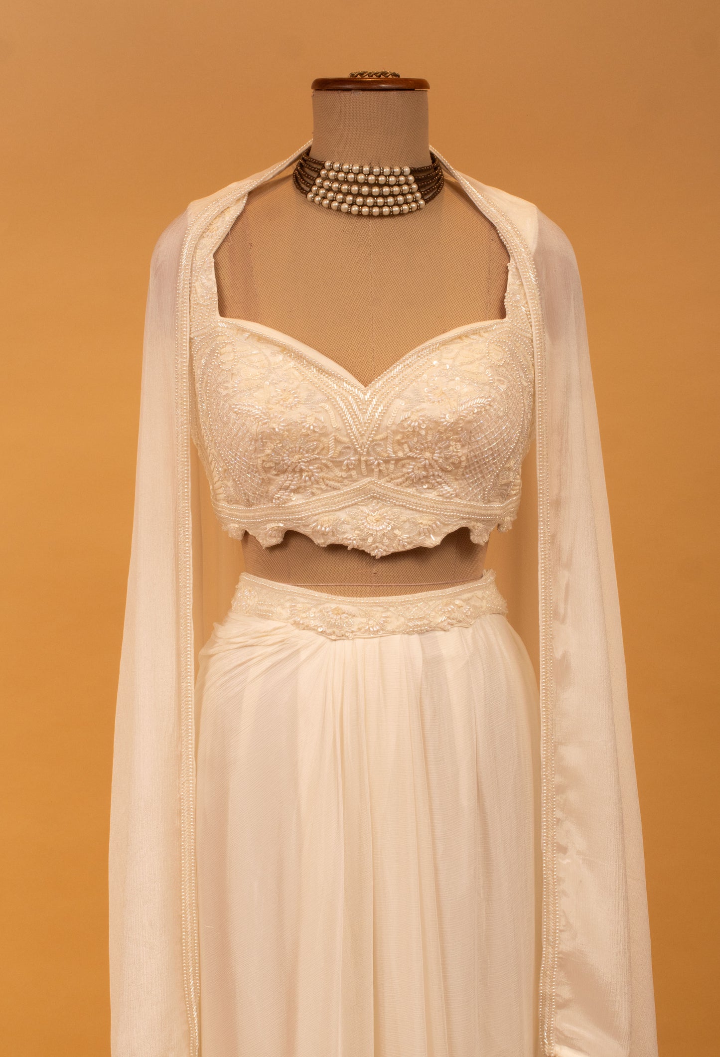 Ivory Embroidered Straight-Cut Lehenga Set with Crop Top & Dupatta