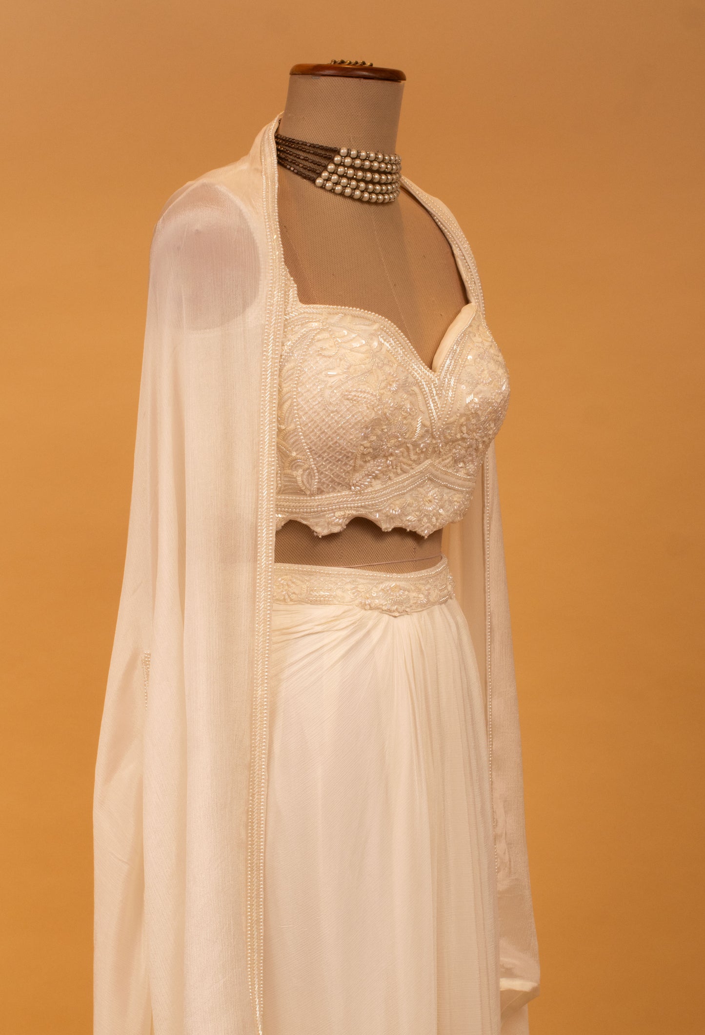 Ivory Embroidered Straight-Cut Lehenga Set with Crop Top & Dupatta