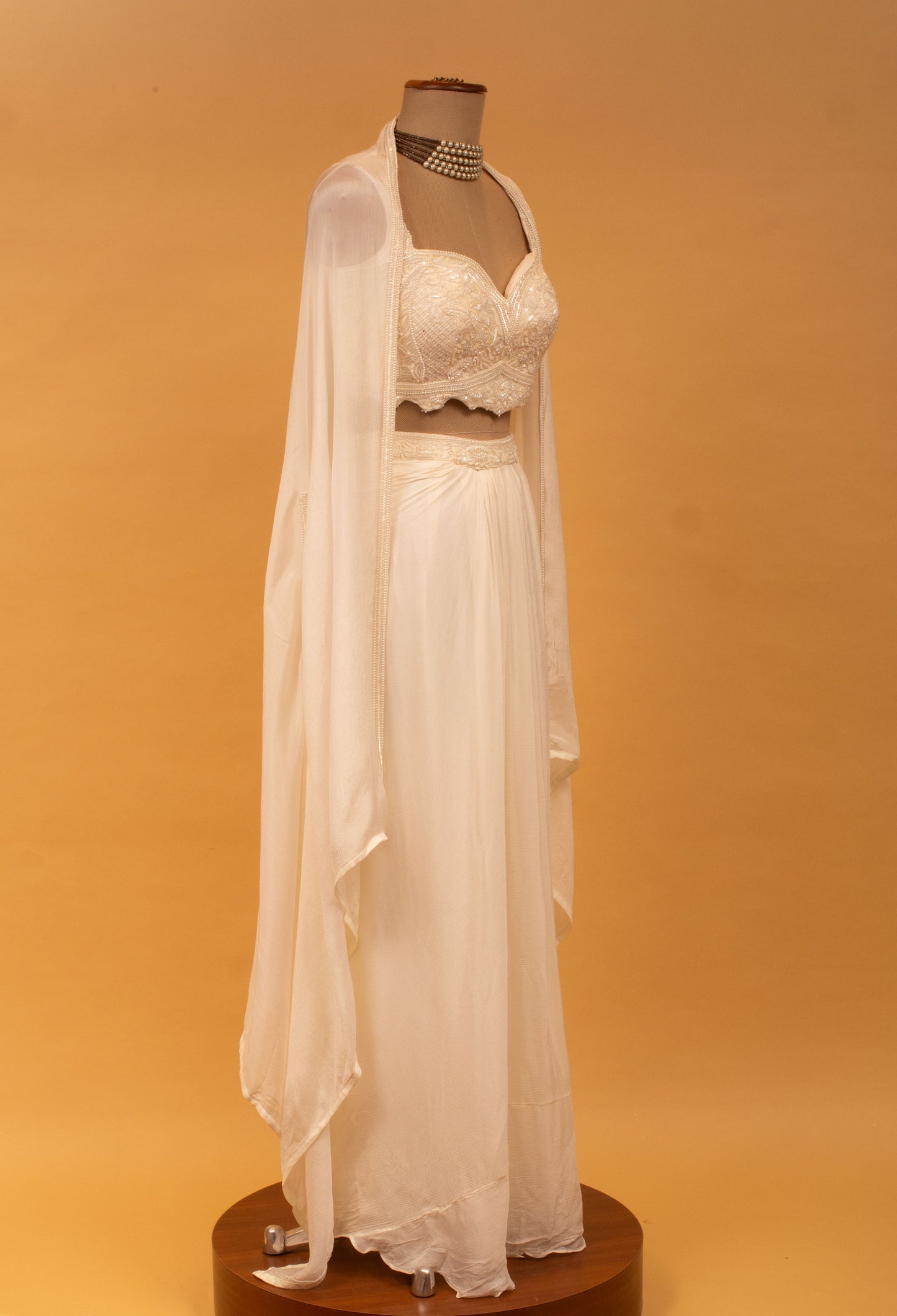 Ivory Embroidered Straight-Cut Lehenga Set with Crop Top & Dupatta