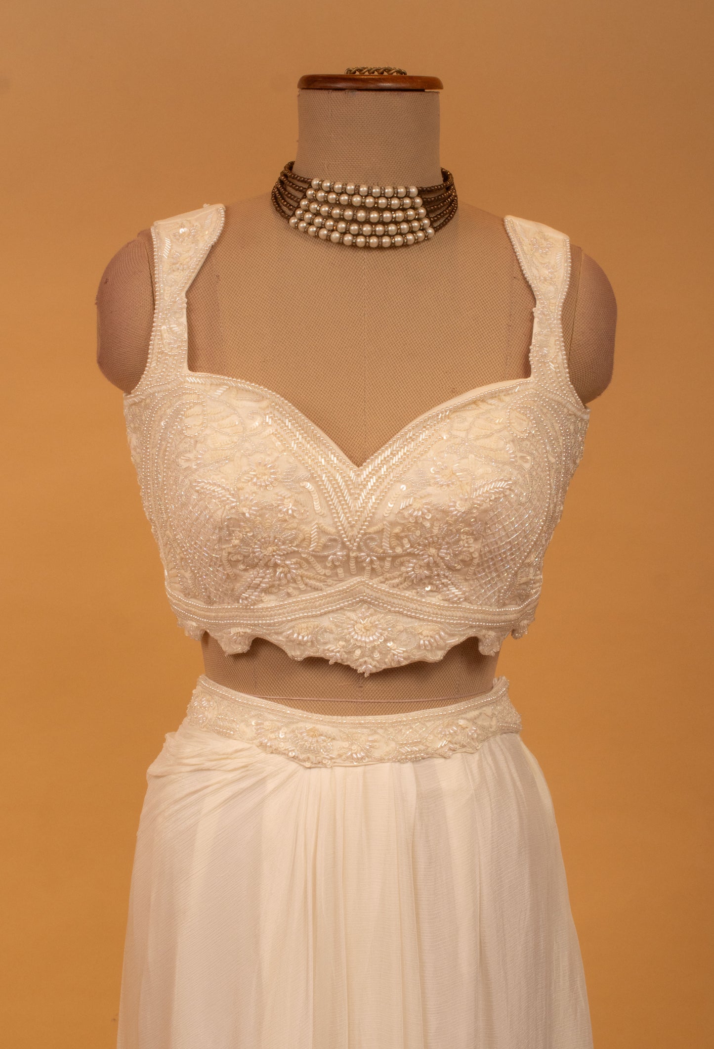 Ivory Embroidered Straight-Cut Lehenga Set with Crop Top & Dupatta