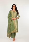 Green Woven Straight-Cut Suit Set with Embellished Dupatta