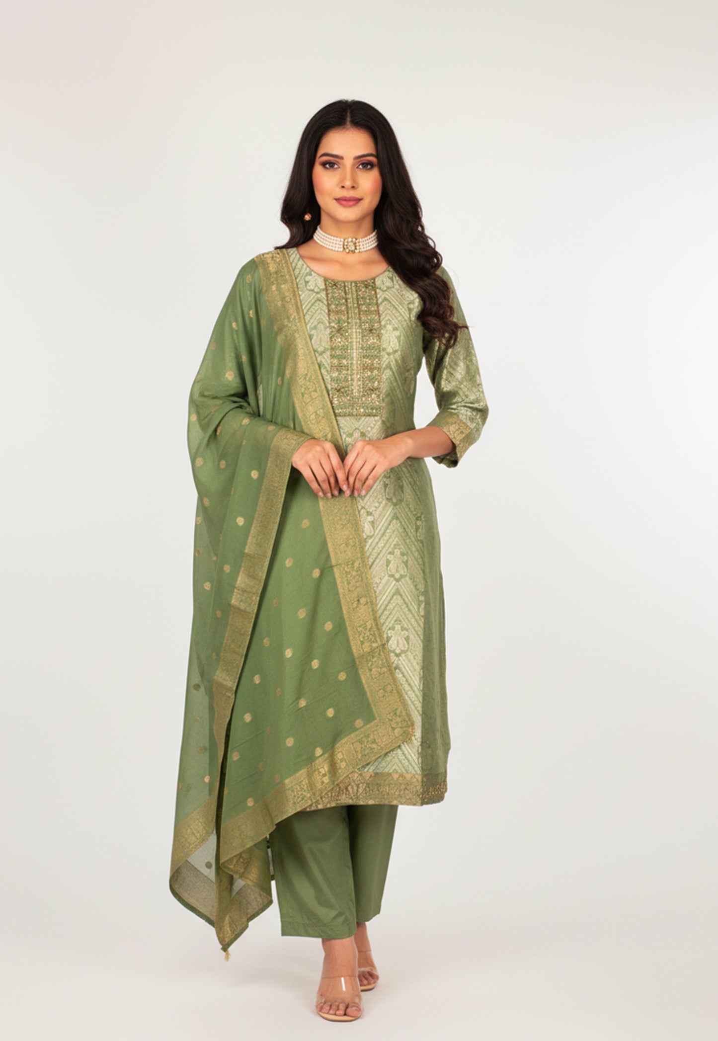 Green Woven Straight-Cut Suit Set with Embellished Dupatta