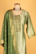 Green Woven Straight-Cut Suit Set with Embellished Dupatta
