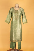 Green Woven Straight-Cut Suit Set with Embellished Dupatta