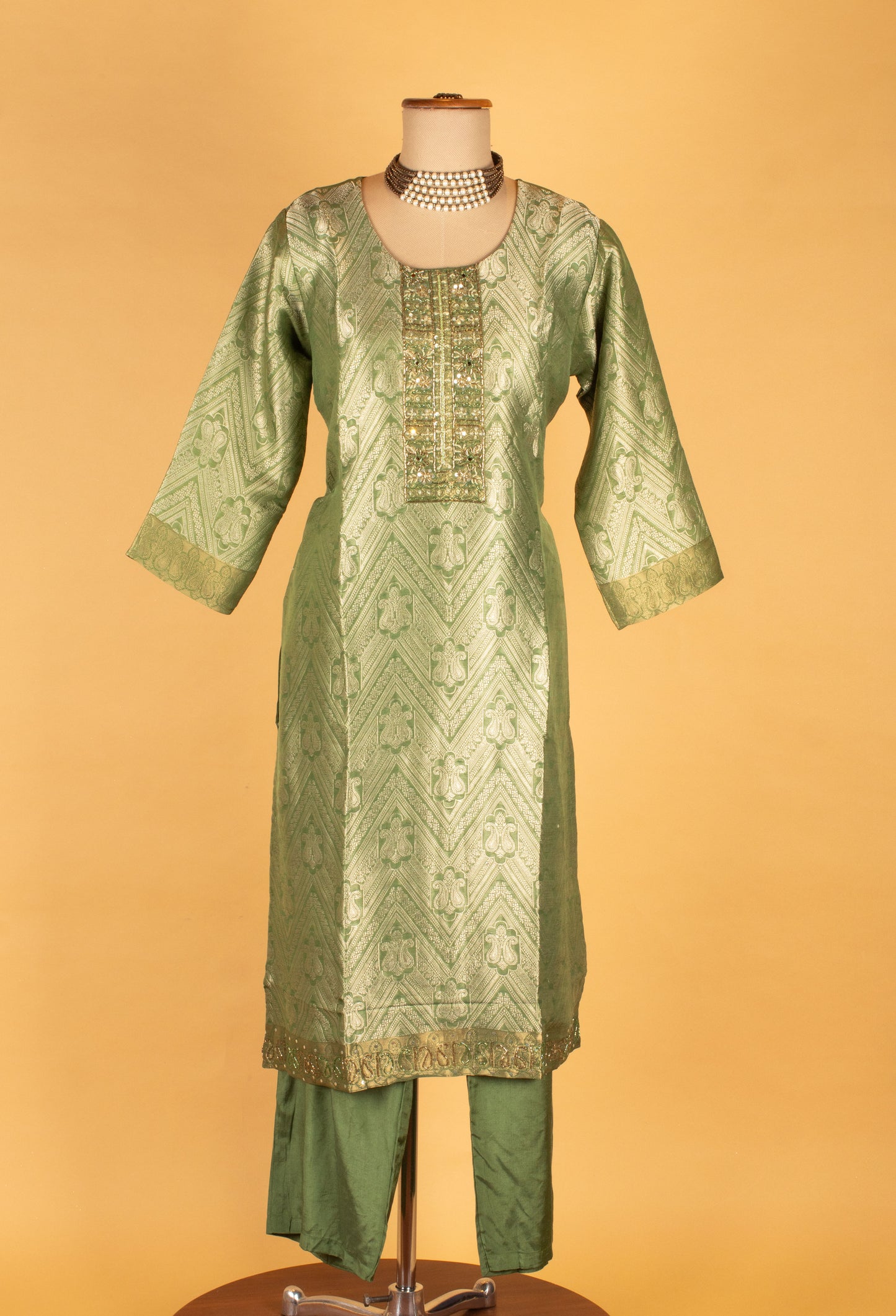 Green Woven Straight-Cut Suit Set with Embellished Dupatta