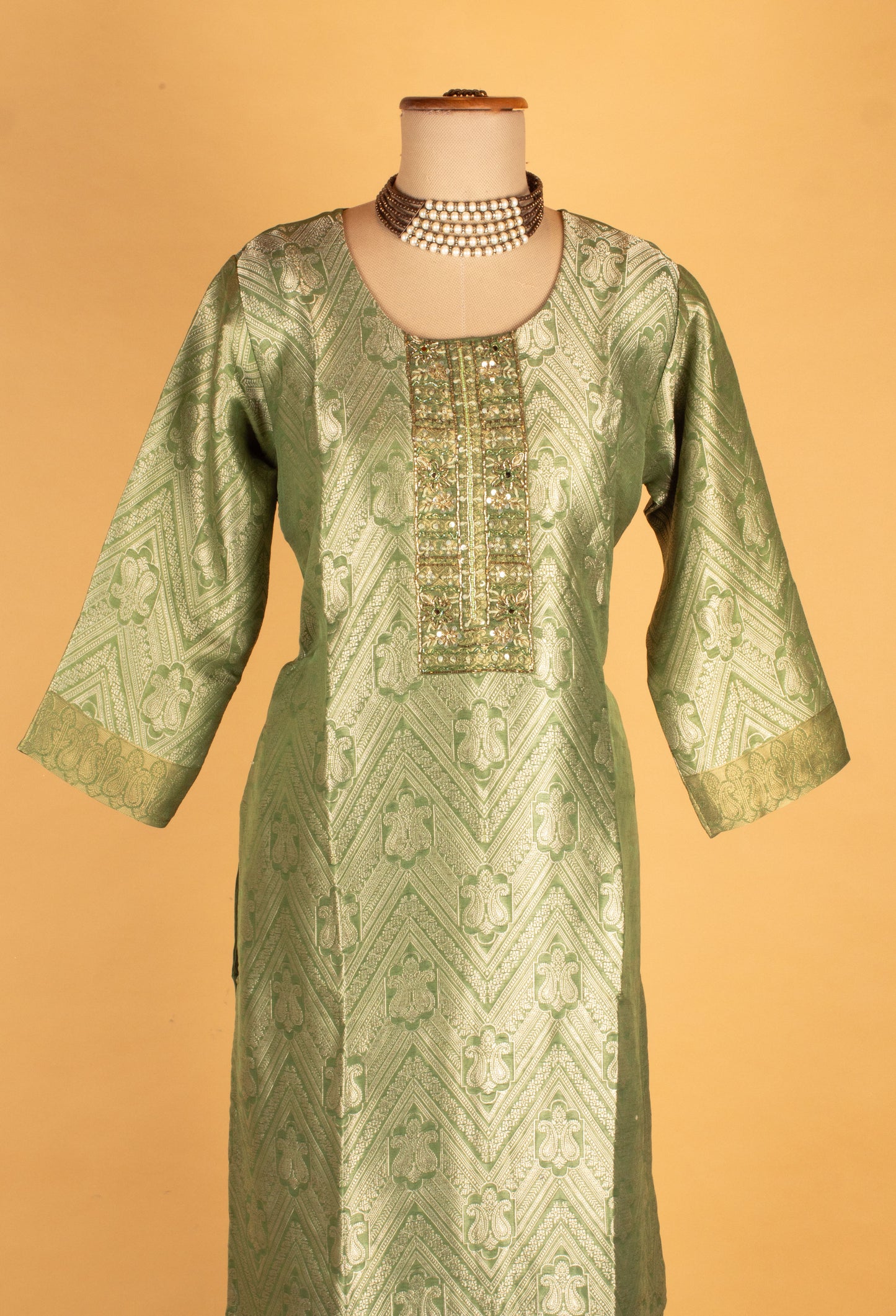 Green Woven Straight-Cut Suit Set with Embellished Dupatta