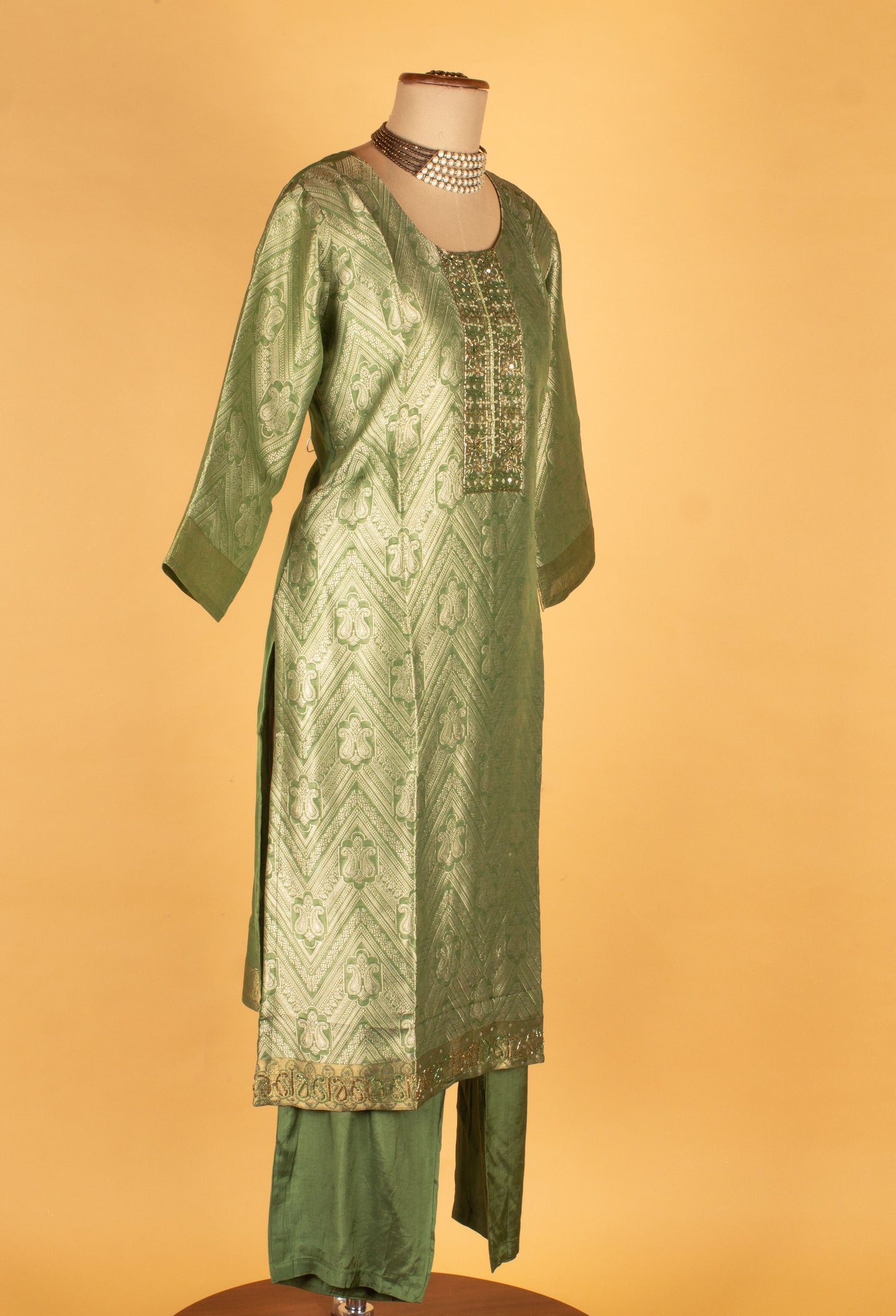 Green Woven Straight-Cut Suit Set with Embellished Dupatta