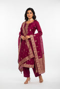 Wine Straight-Cut Suit Set with Gold Motif Embroidery & Border Dupatta