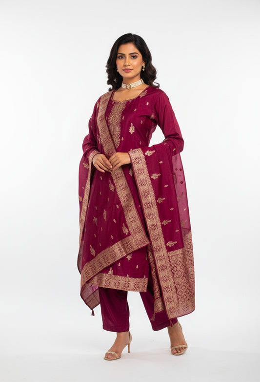 Wine Straight-Cut Suit Set with Gold Motif Embroidery & Border Dupatta