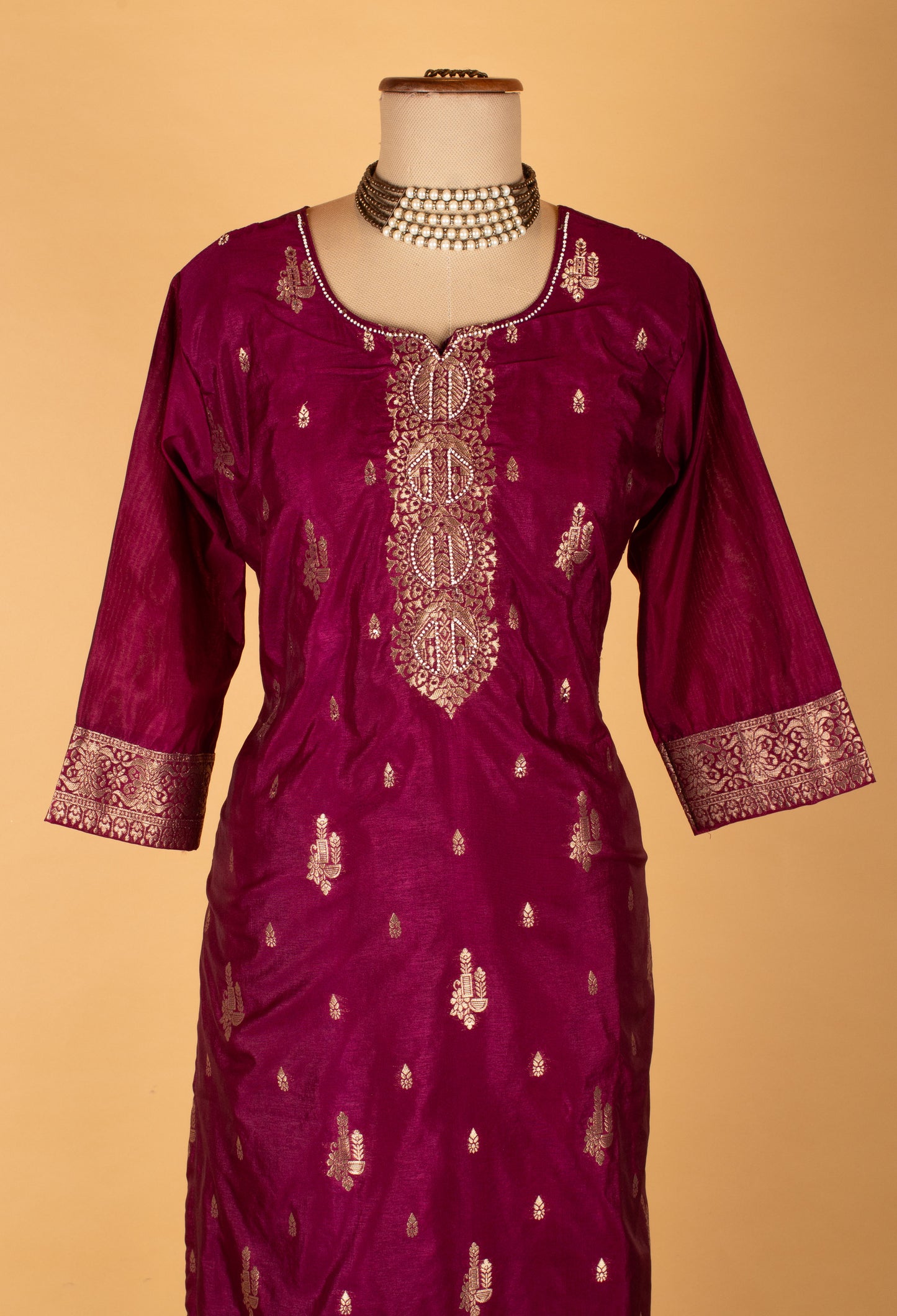 Wine Straight-Cut Suit Set with Gold Motif Embroidery & Border Dupatta