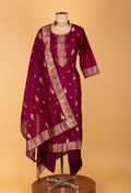 Wine Straight-Cut Suit Set with Gold Motif Embroidery & Border Dupatta