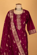 Wine Straight-Cut Suit Set with Gold Motif Embroidery & Border Dupatta