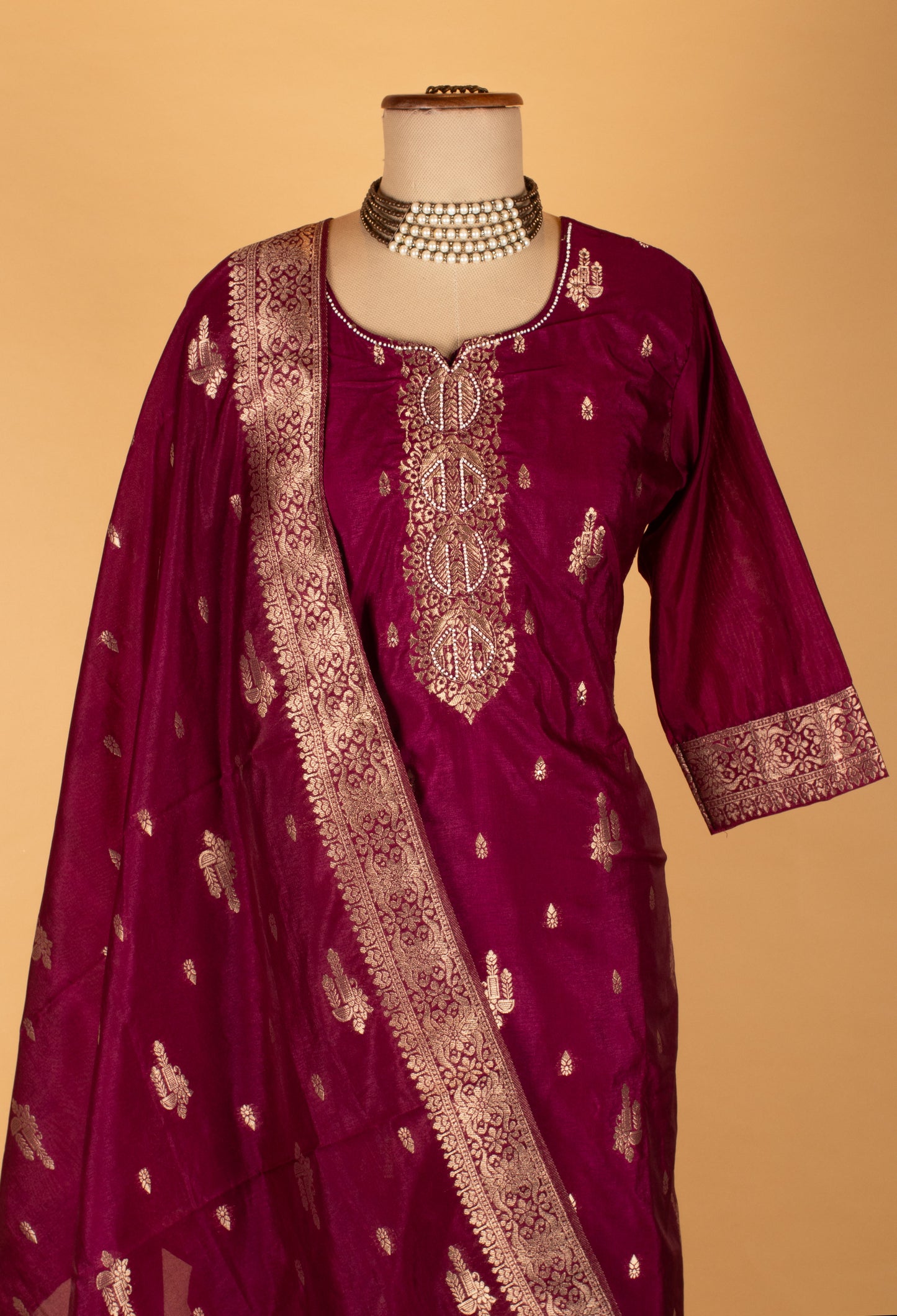 Wine Straight-Cut Suit Set with Gold Motif Embroidery & Border Dupatta