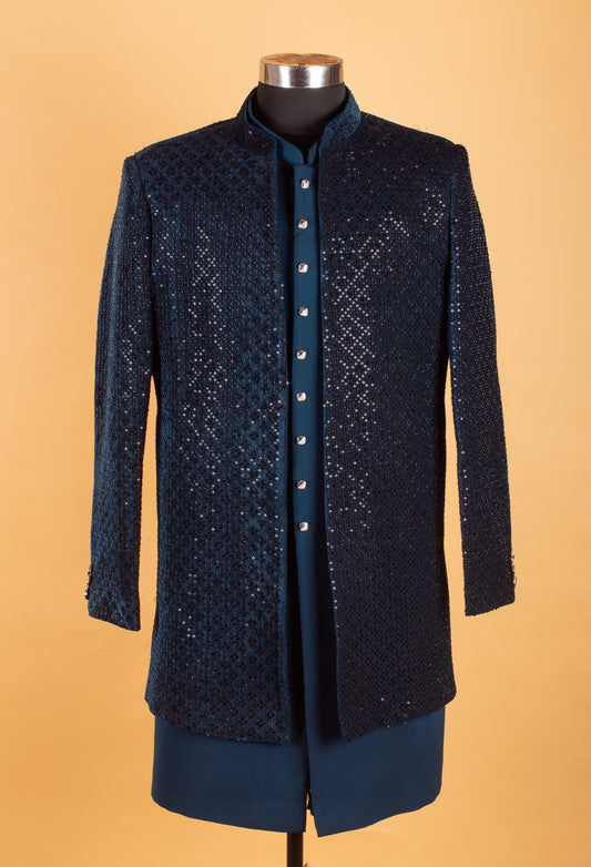 Men’s teal blue sequin embellished sherwani set – product image 2