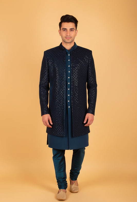 Men’s Teal Blue Sequin Embellished Sherwani Set
