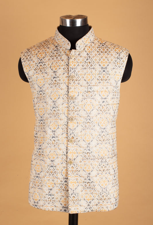 Ivory and mustard printed Nehru jacket for men – product image 2
