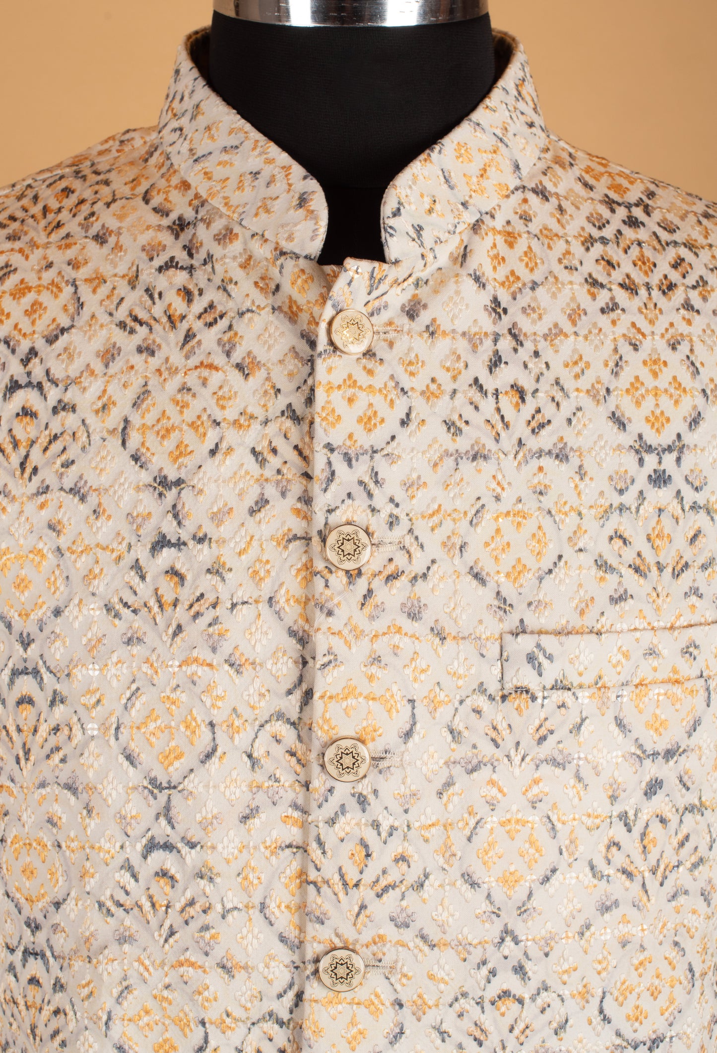 Men’s Ivory & Mustard Printed Nehru Jacket