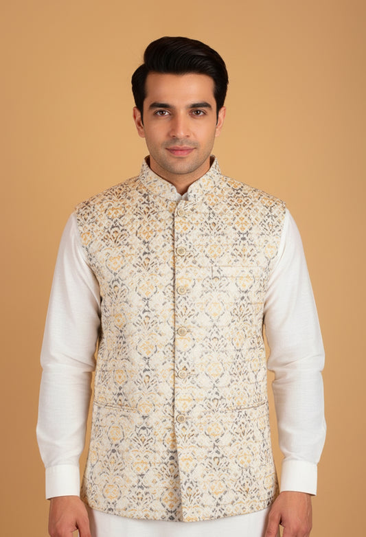 Men’s Ivory & Mustard Printed Nehru Jacket