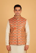 Men’s Rust Orange & Beige Printed Nehru Jacket