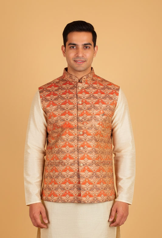 Men’s Rust Orange & Beige Printed Nehru Jacket