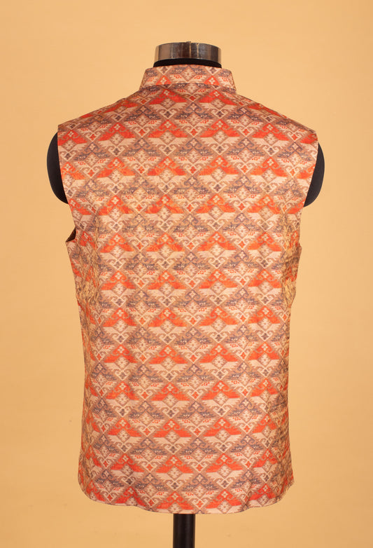 Rust orange and beige printed Nehru jacket for men – product image 2
