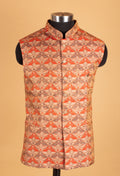 Men’s Rust Orange & Beige Printed Nehru Jacket