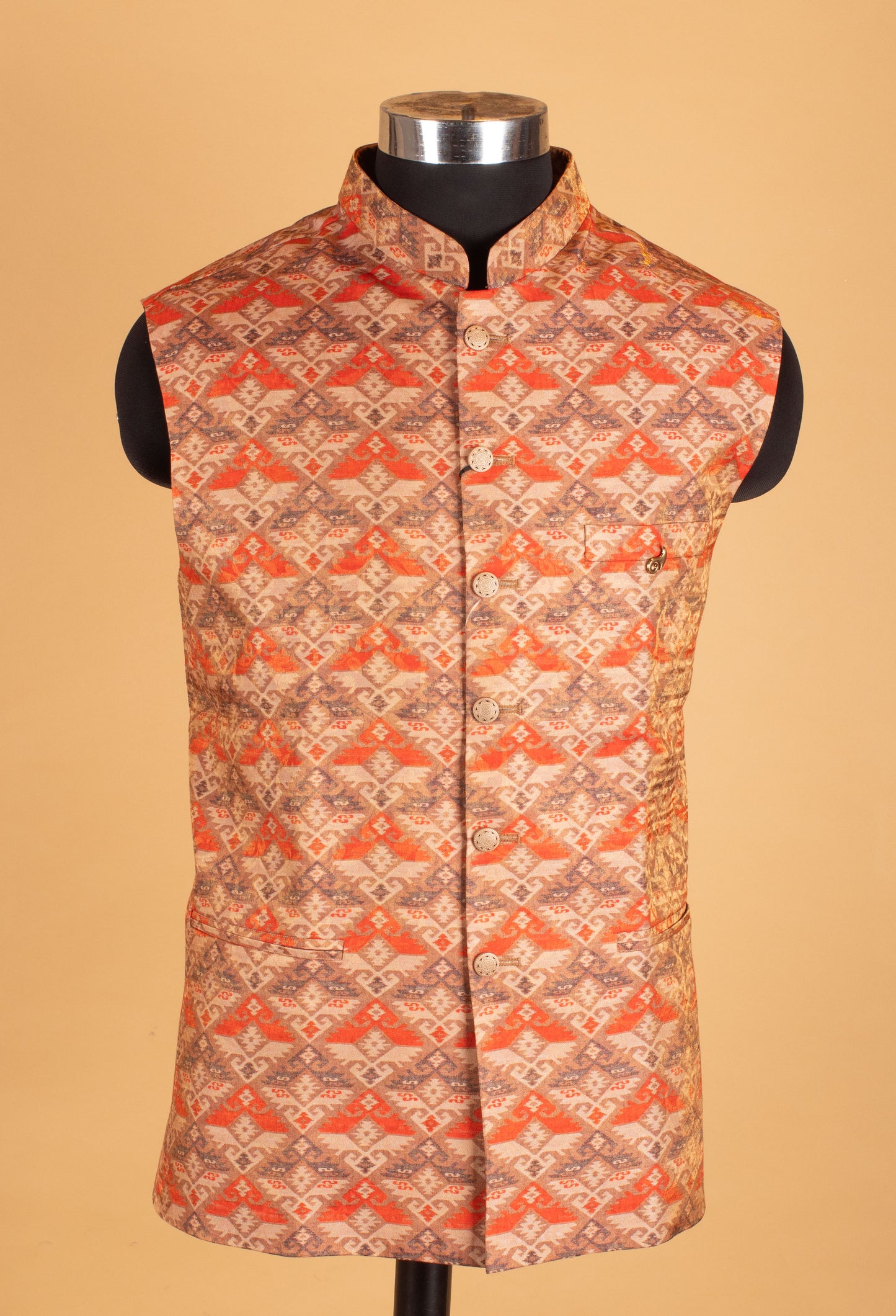 Men’s Rust Orange & Beige Printed Nehru Jacket