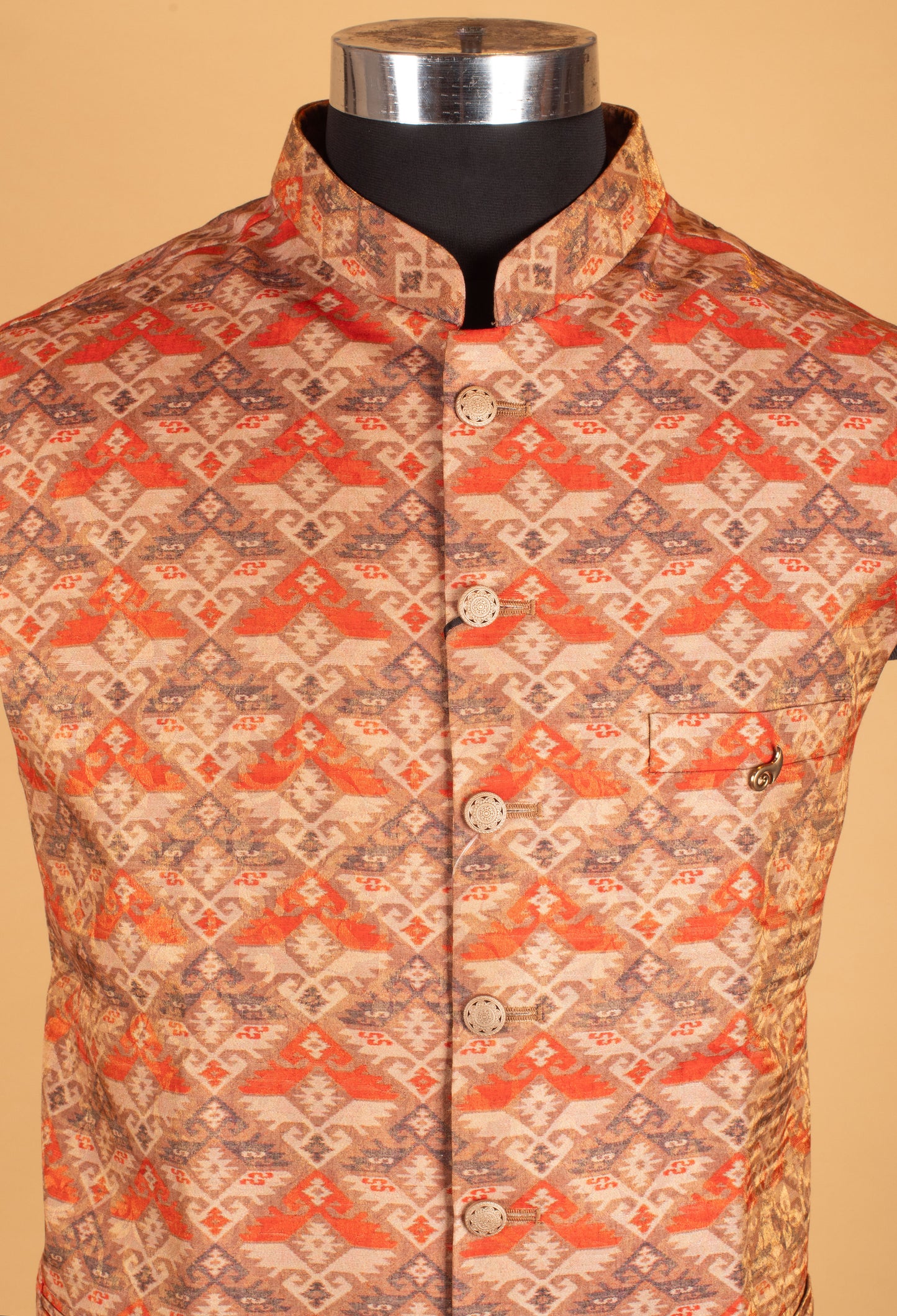 Men’s Rust Orange & Beige Printed Nehru Jacket