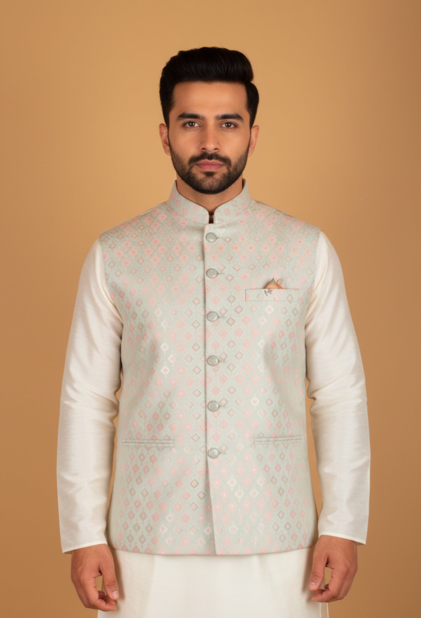 Men’s Mint Green & Blush Pink Jacquard Nehru Jacket