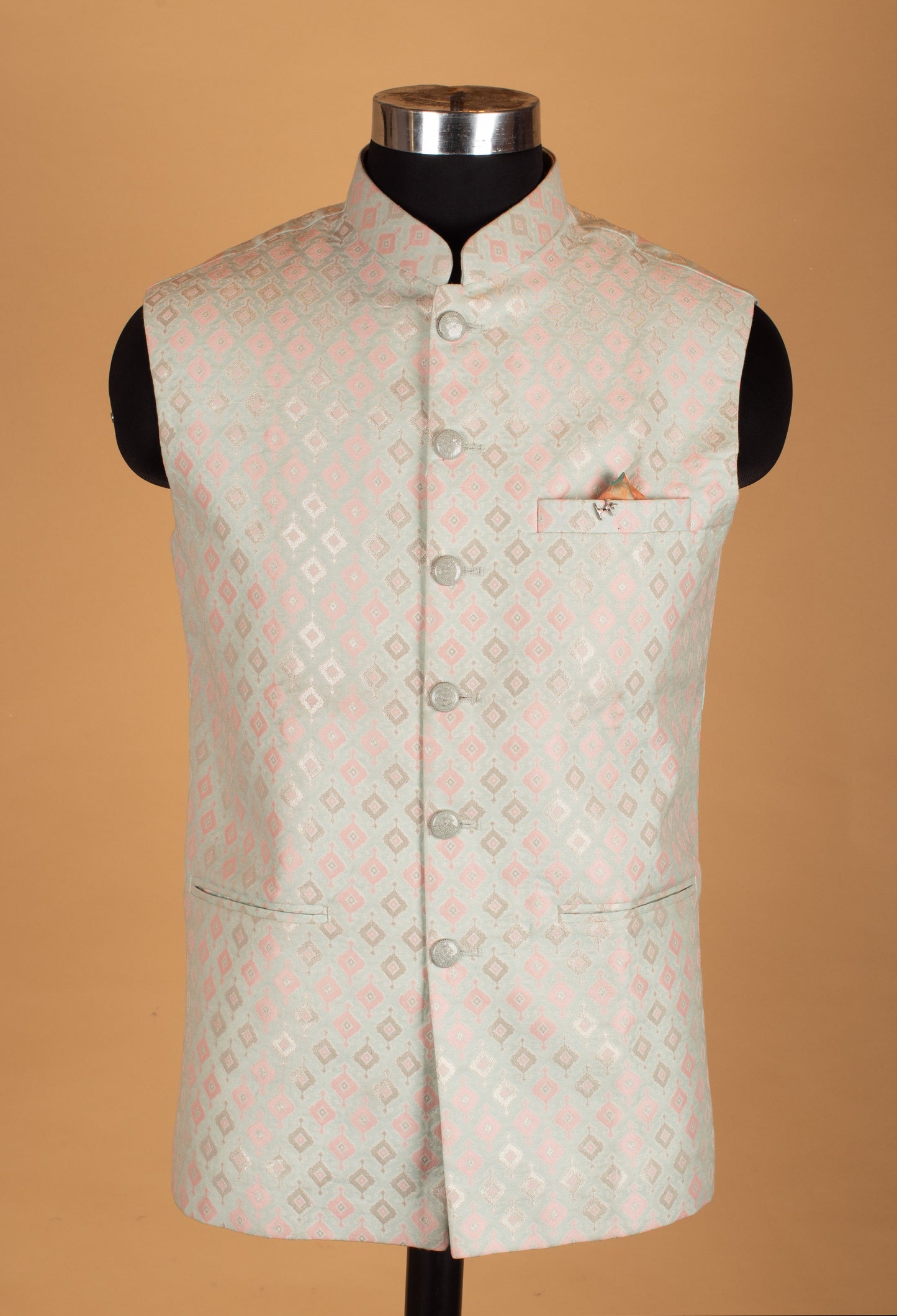 Men’s Mint Green & Blush Pink Jacquard Nehru Jacket