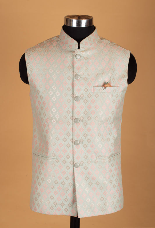 Mint green and blush pink jacquard Nehru jacket for men – product image 2