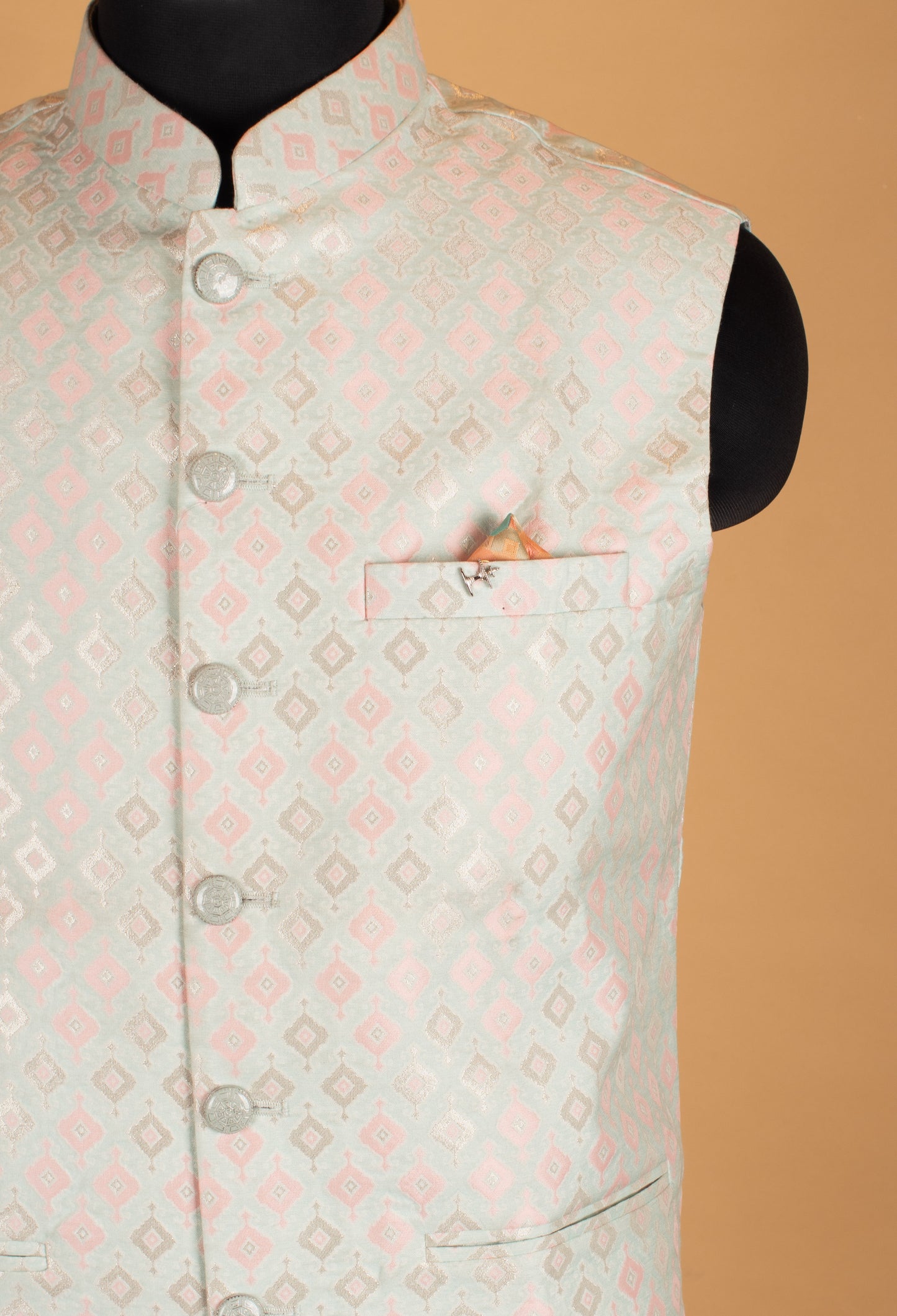 Men’s Mint Green & Blush Pink Jacquard Nehru Jacket