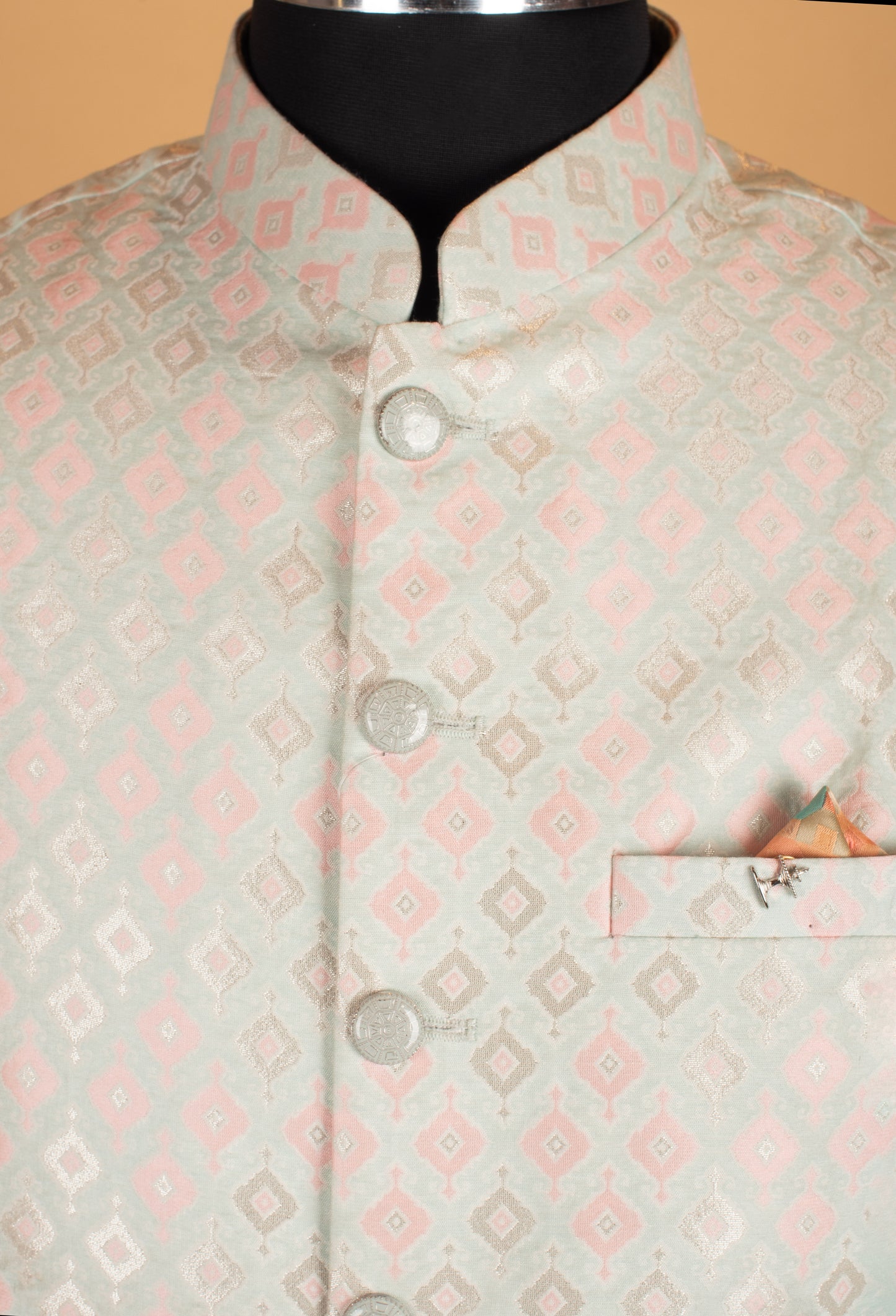 Men’s Mint Green & Blush Pink Jacquard Nehru Jacket