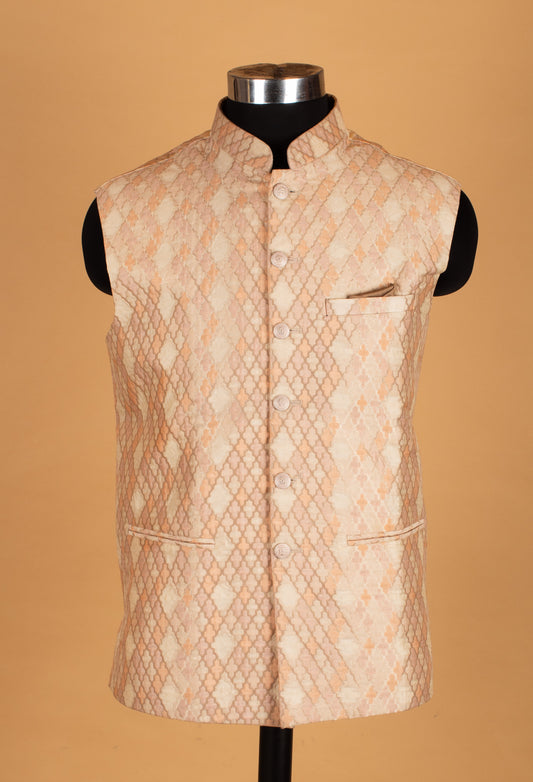 Peach and ivory textured Nehru jacket for men – product image 2