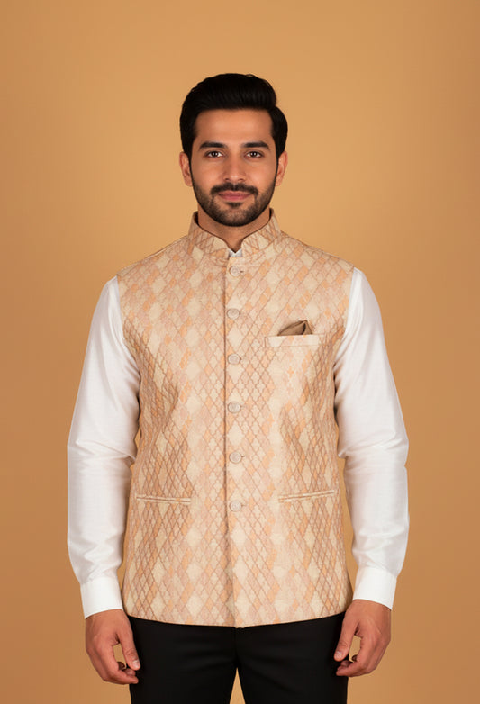 Men’s Peach & Ivory Textured Nehru Jacket